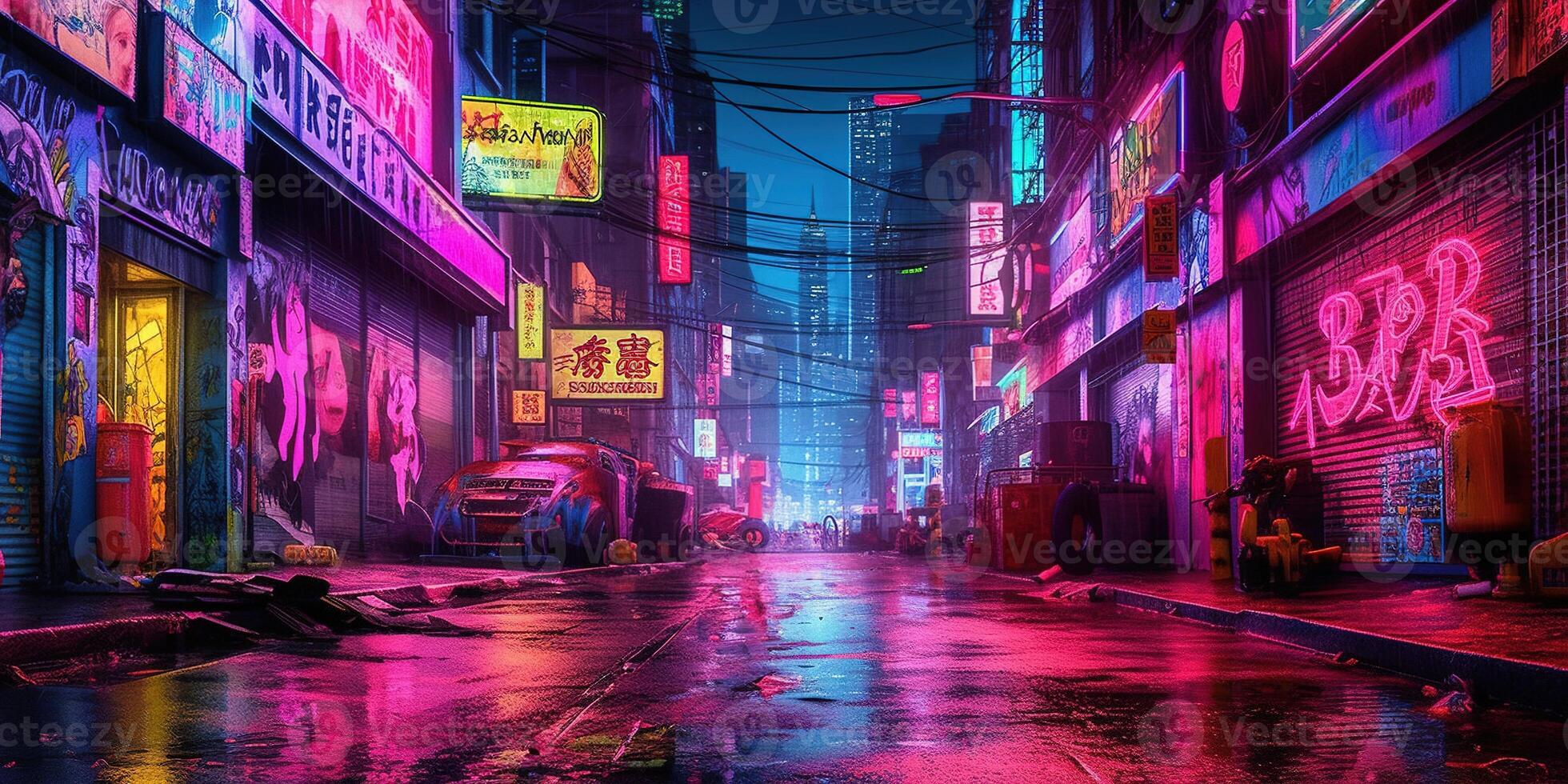 Generative AI, Night scene of big city in cyberpunk style, futuristic nostalgic 80s, 90s. Neon lights vibrant colors, photorealistic horizontal illustration. photo