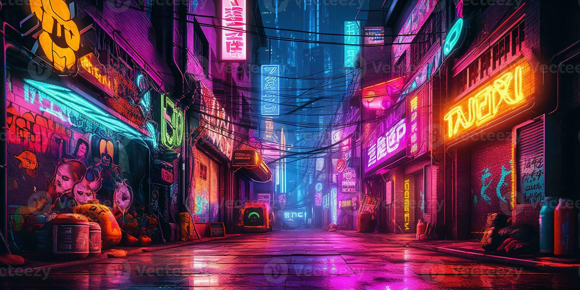 Generative AI, Night scene of big city in cyberpunk style, futuristic nostalgic 80s, 90s. Neon lights vibrant colors, photorealistic horizontal illustration. photo