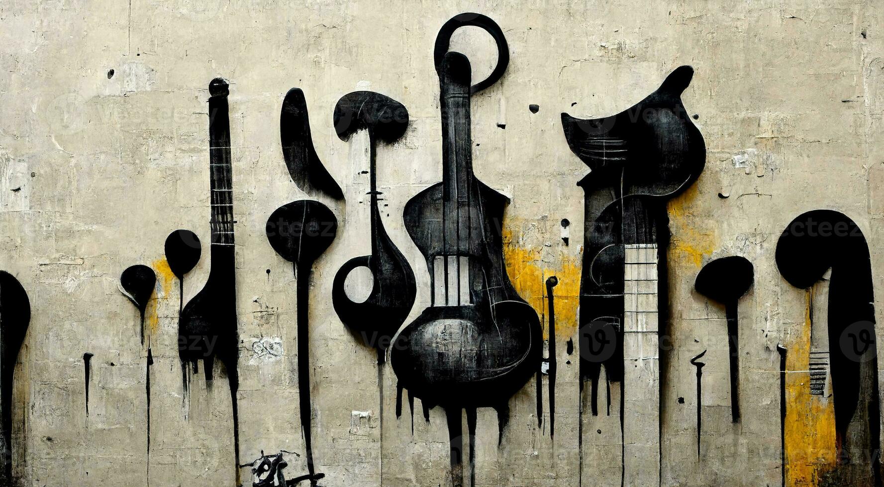 Generative AI, Abstract Street art with keys and musical instruments silhouettes. Ink colorful graffiti art on a textured paper vintage background, inspired by Banksy photo