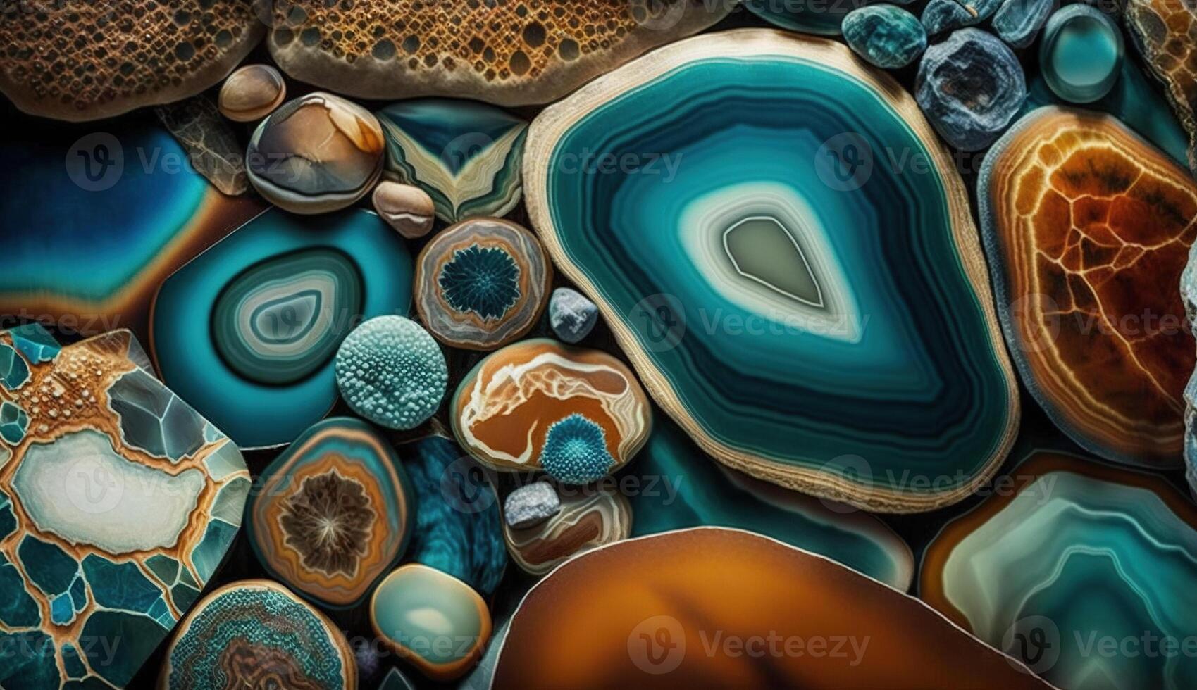 Generative AI, natural volcanic agate stones close-up turquoise, brown and orange texture. Wallpaper background, quartz marble, decorative rock pattern photo