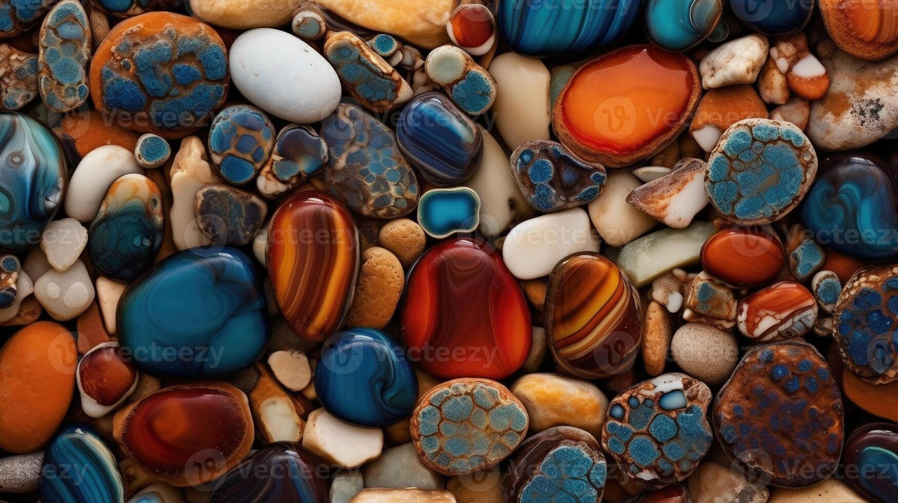 Generative AI, natural volcanic agate stones close-up turquoise, brown and orange texture. Wallpaper background, quartz marble, decorative rock pattern photo