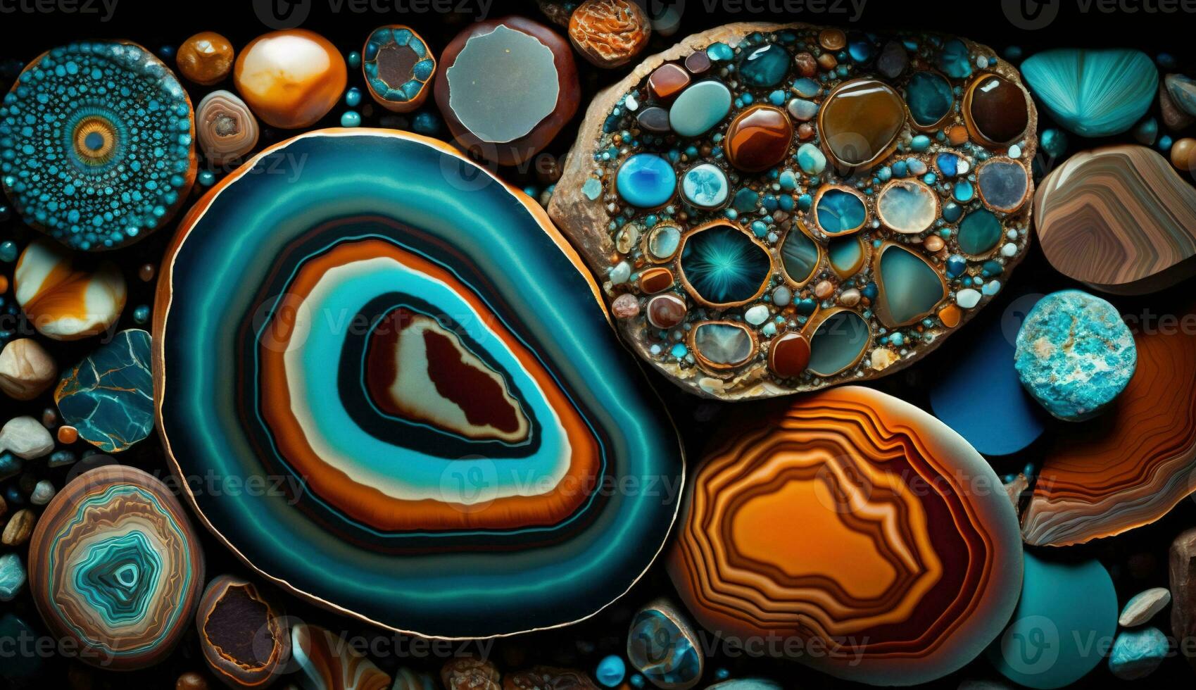 Generative AI, natural volcanic agate stones close-up turquoise, brown and orange texture. Wallpaper background, quartz marble, decorative rock pattern photo