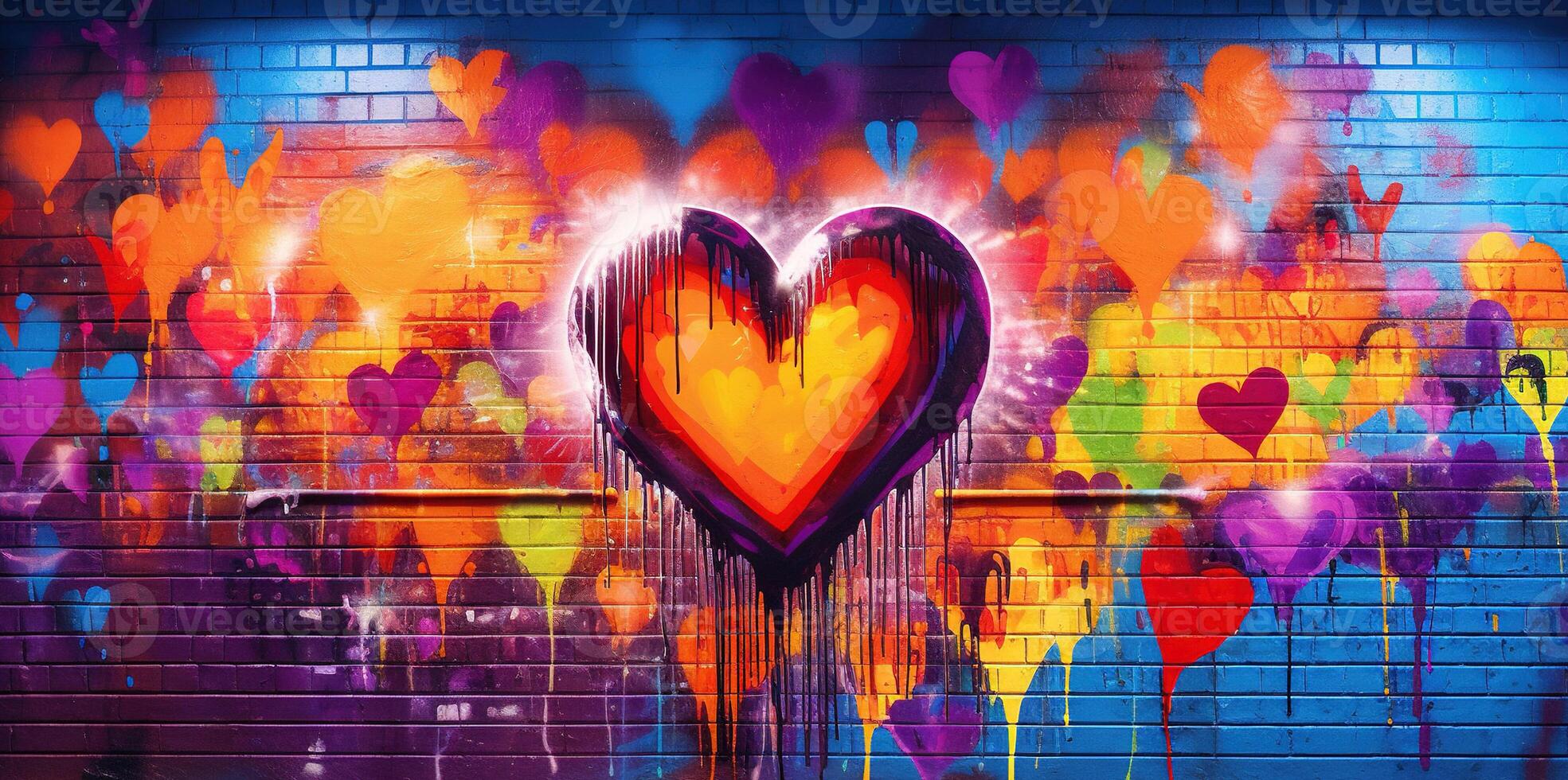 Generative AI, Colorful heart as graffiti love symbol on the wall, street art. Melted paint. photo