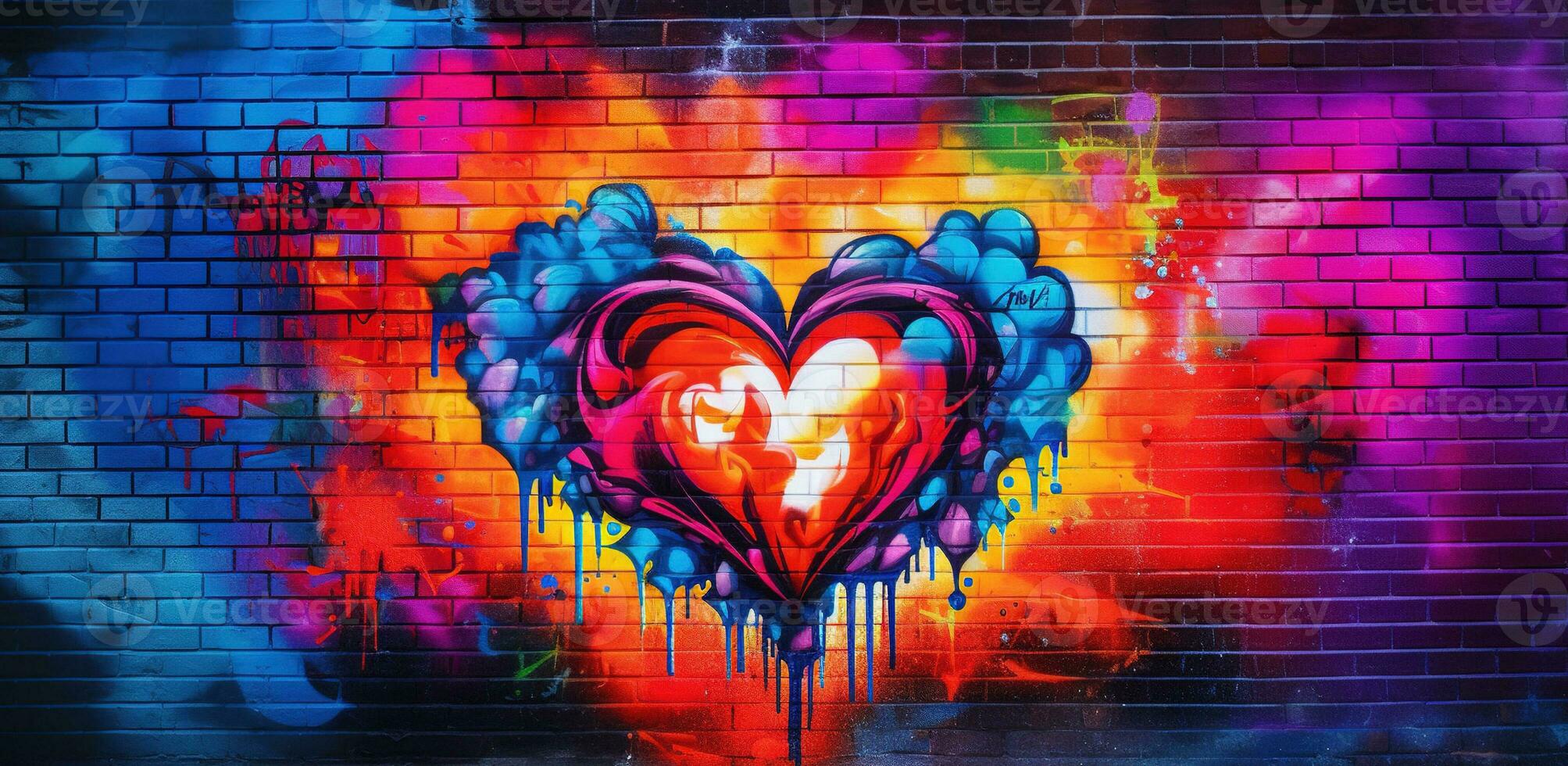 Generative AI, Colorful heart as graffiti love symbol on the wall, street art. Melted paint. photo