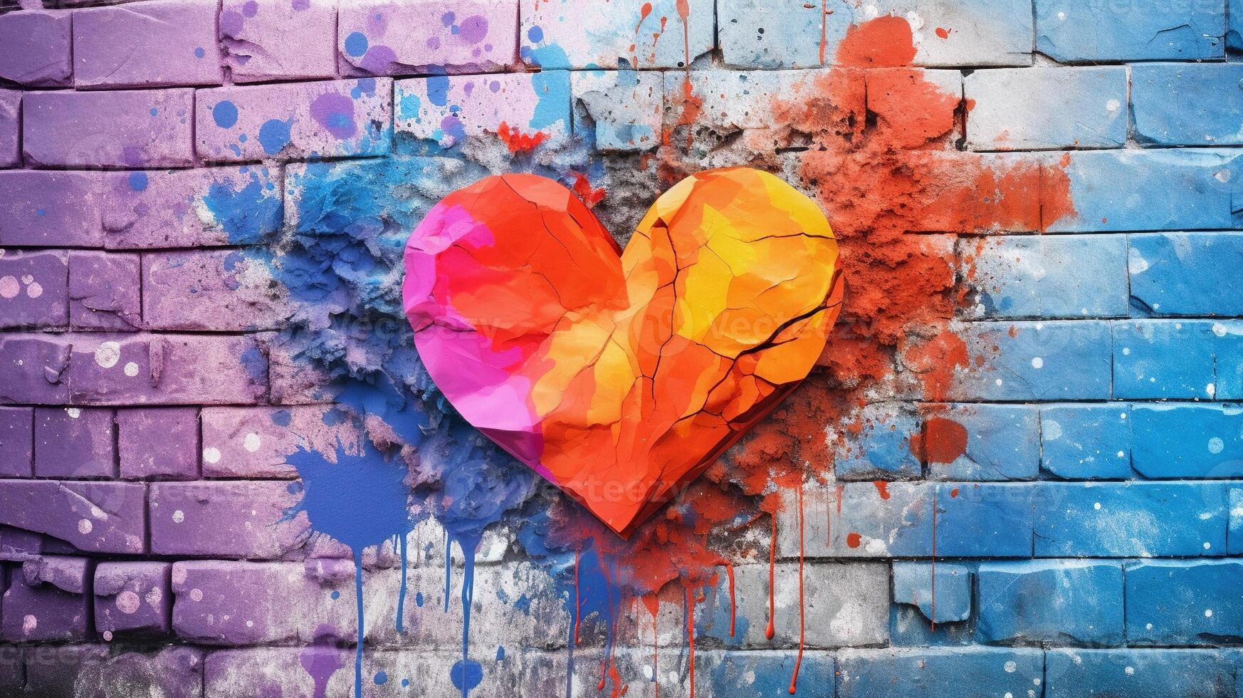 Generative AI, Colorful heart as graffiti love symbol on the wall, street art. Melted paint. photo