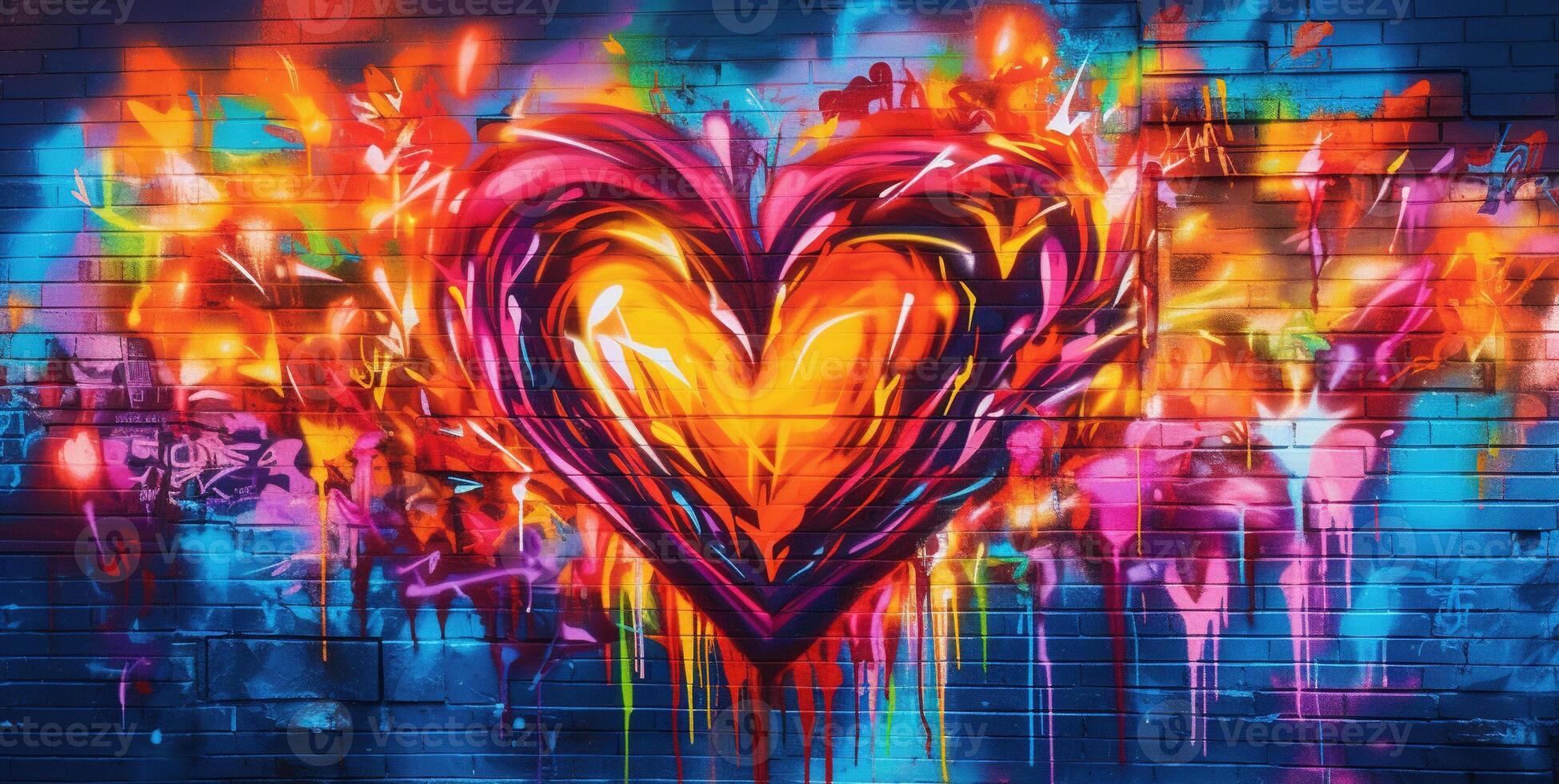 Generative AI, Colorful heart as graffiti love symbol on the wall, street art. Melted paint. photo