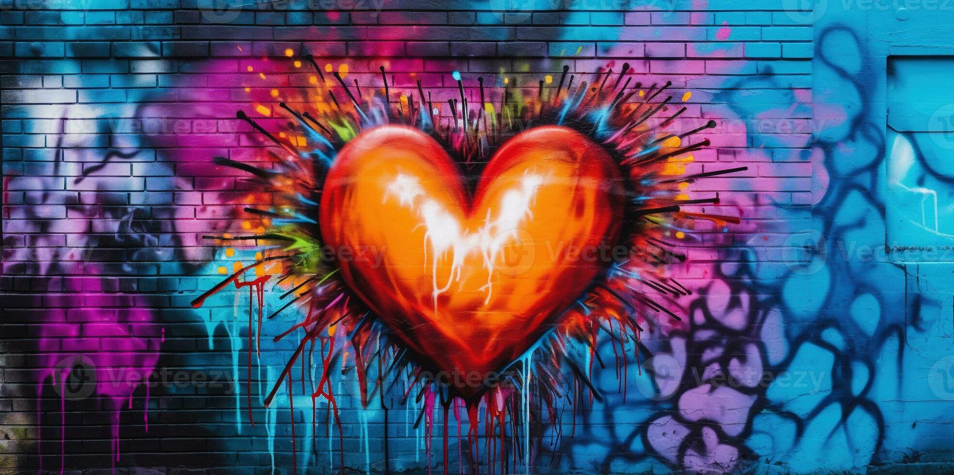 Generative AI, Colorful heart as graffiti love symbol on the wall, street art. Melted paint. photo