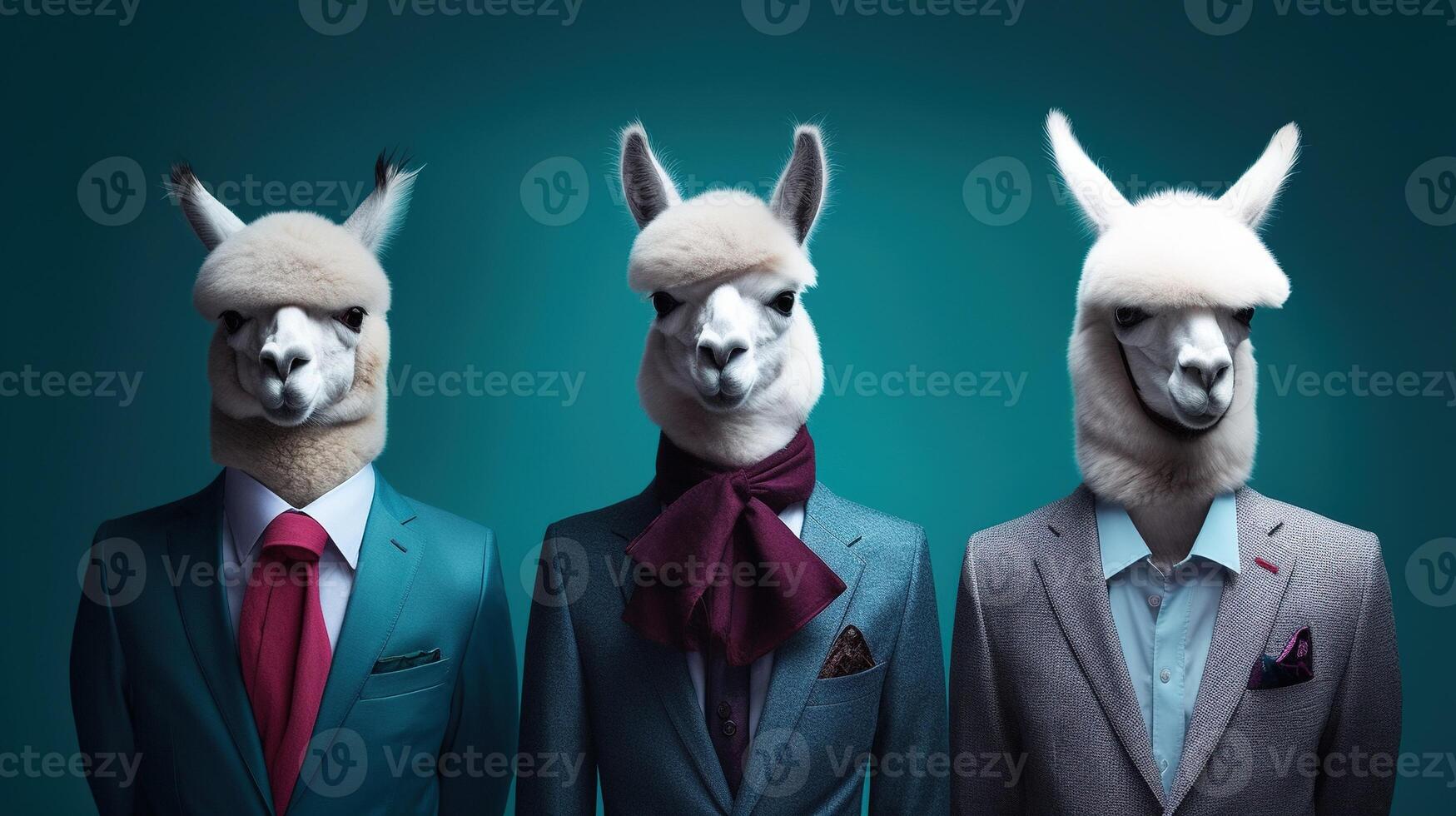 Generative AI, Group of business alpacas or lamas, funny animals. Individuality, independence, think different, creative idea, teamwork and confidence. photo