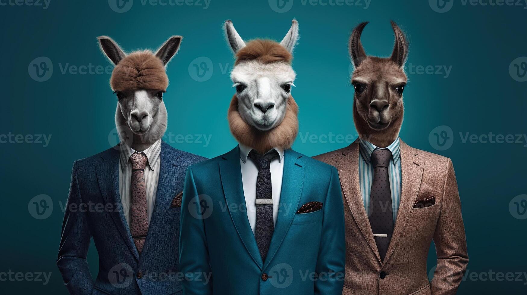 , Group of business alpacas or lamas, funny animals. Individuality, independence, think different, creative idea, teamwork and confidence. photo