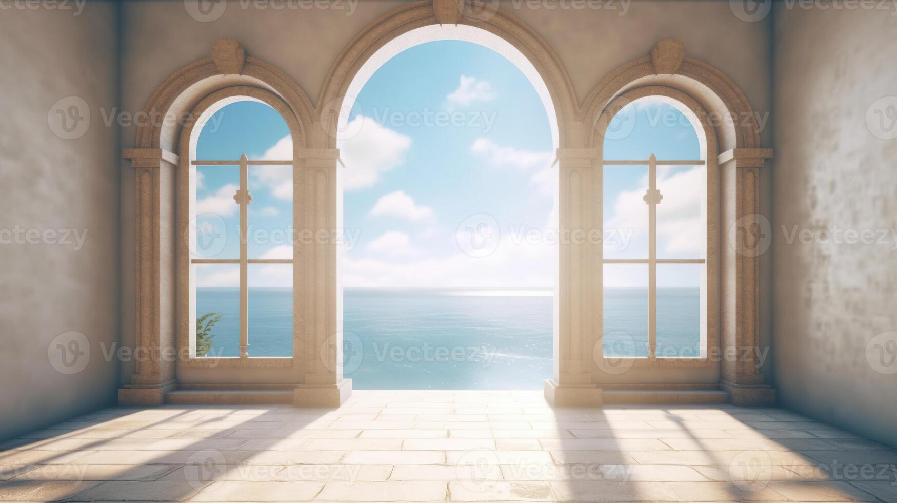 , historic medieval stone arch windows with romantic view of sea or ocean, summer landscape background. photo