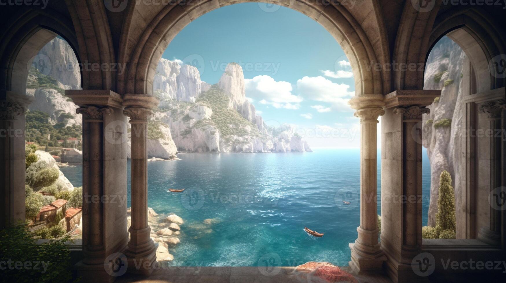 , historic medieval stone arch windows with romantic view of sea or ocean, summer landscape background. photo