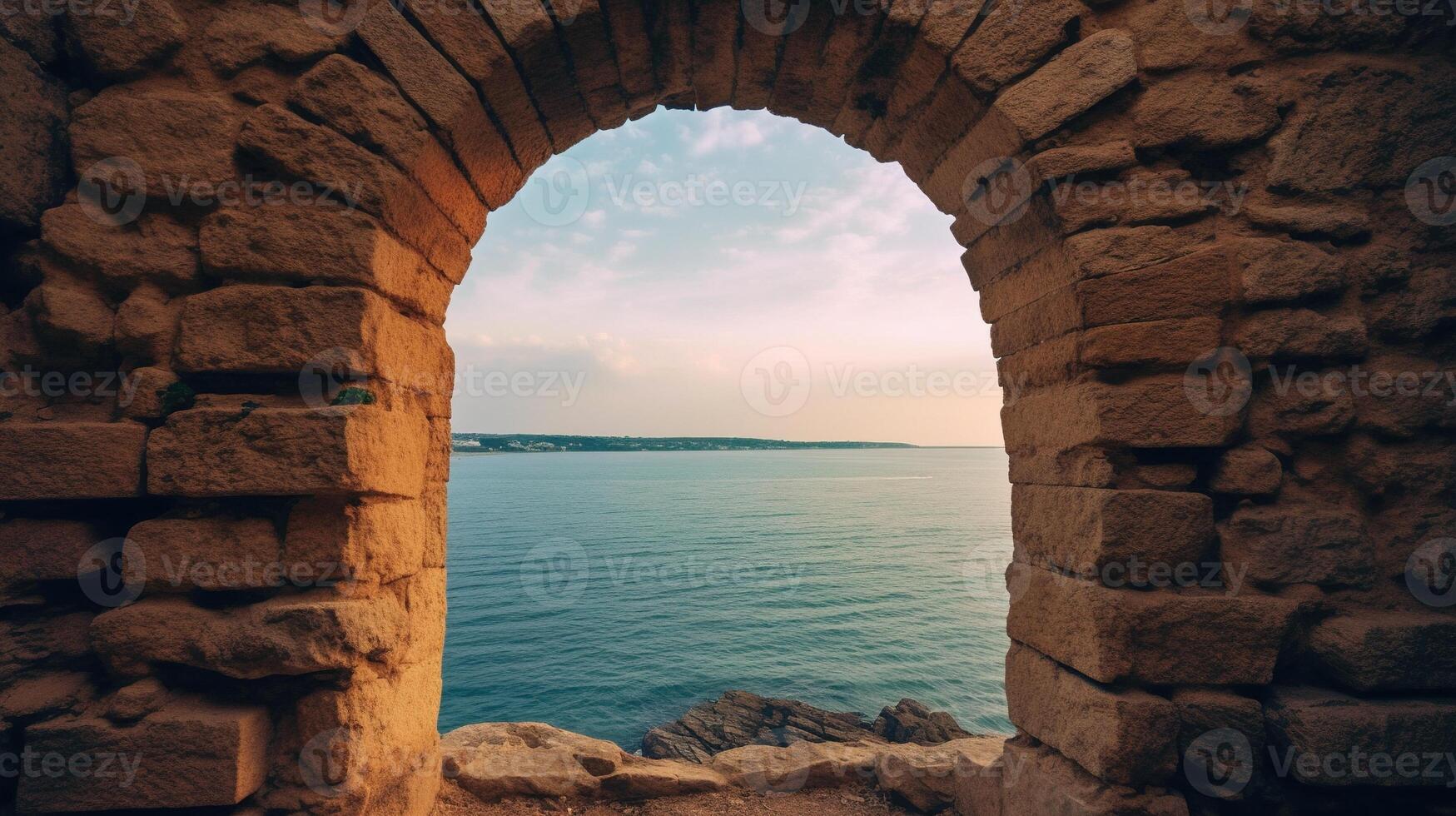 , historic medieval stone arch windows with romantic view of sea or ocean, summer landscape background. photo