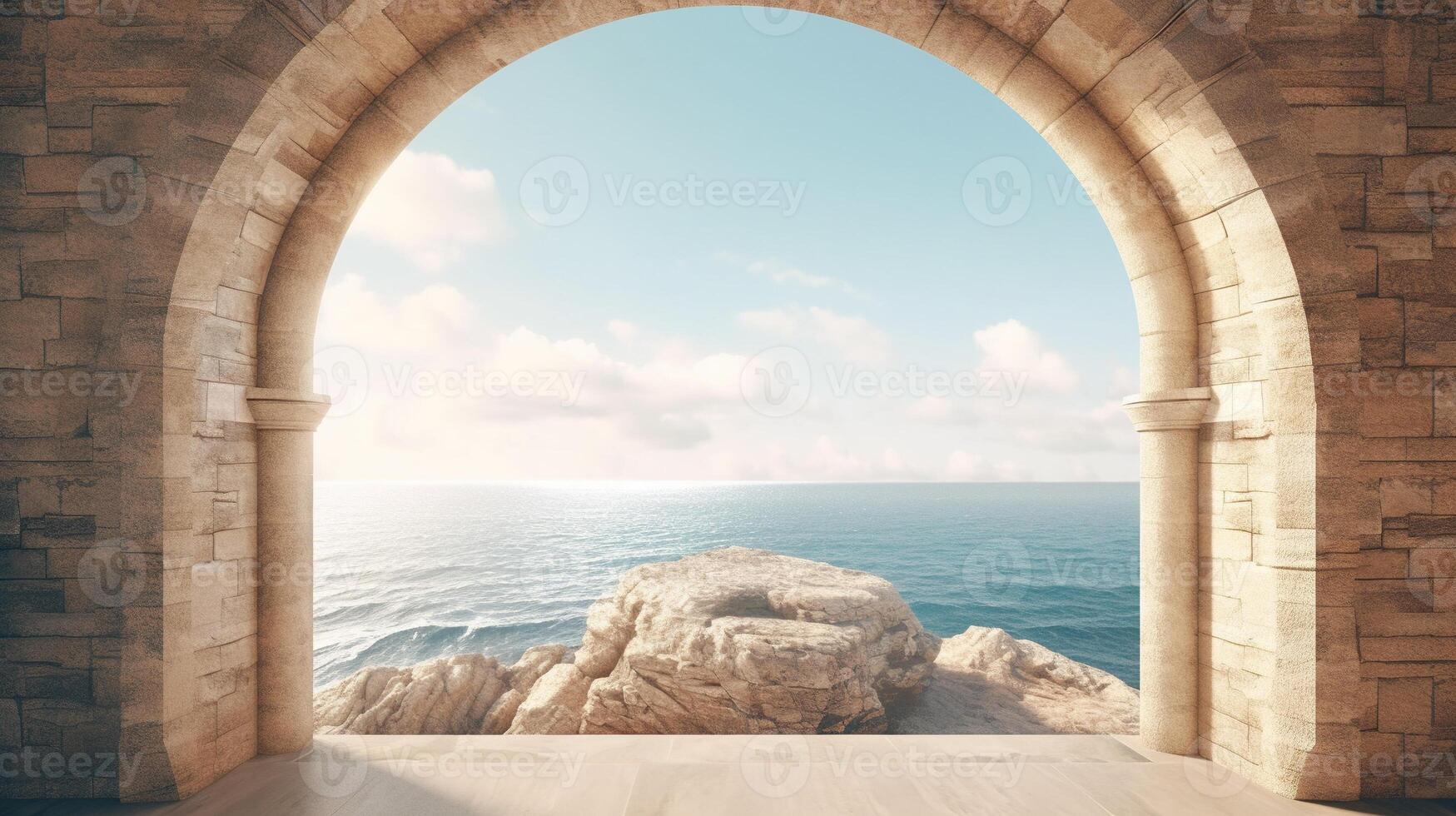 Generative AI, historic medieval stone arch windows with romantic view of sea or ocean, summer landscape background. photo