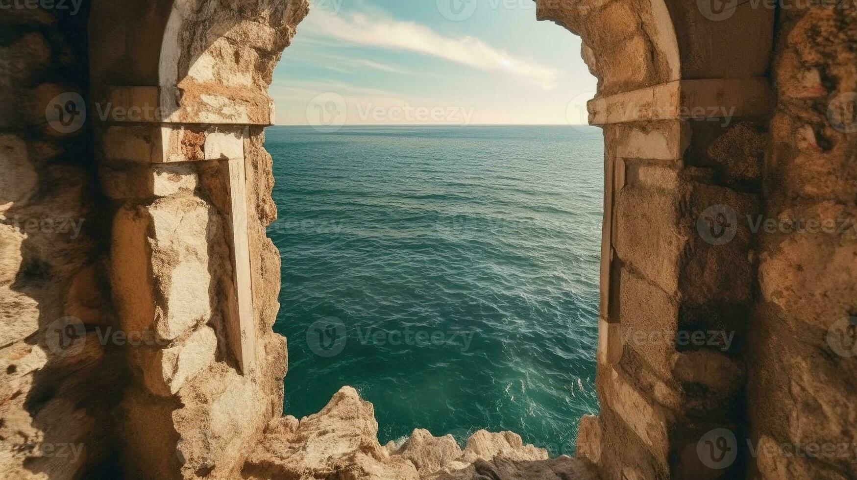 Generative AI, historic medieval stone arch windows with romantic view of sea or ocean, summer landscape background. photo