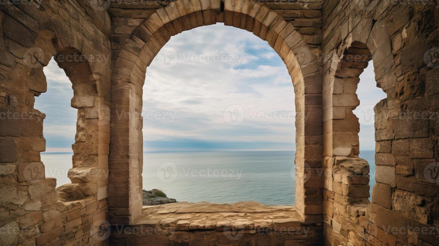 , historic medieval stone arch windows with romantic view of sea or ocean, summer landscape background. photo