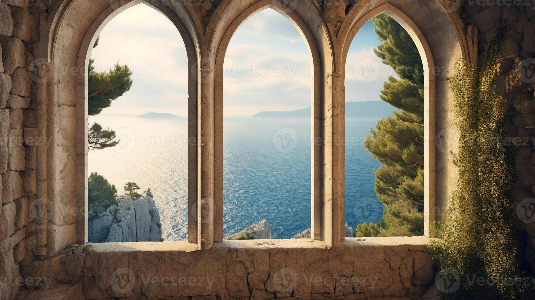 , historic medieval stone arch windows with romantic view of sea or ocean, summer landscape background. photo