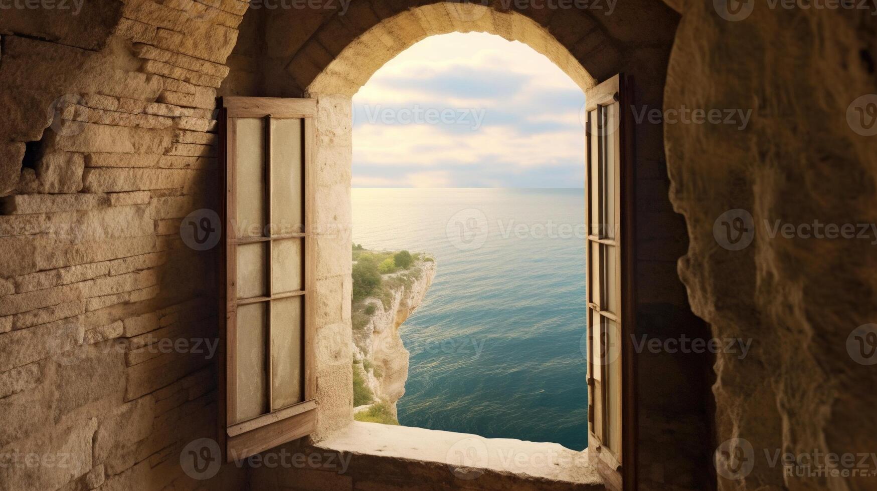 , historic medieval stone arch windows with romantic view of sea or ocean, summer landscape background. photo