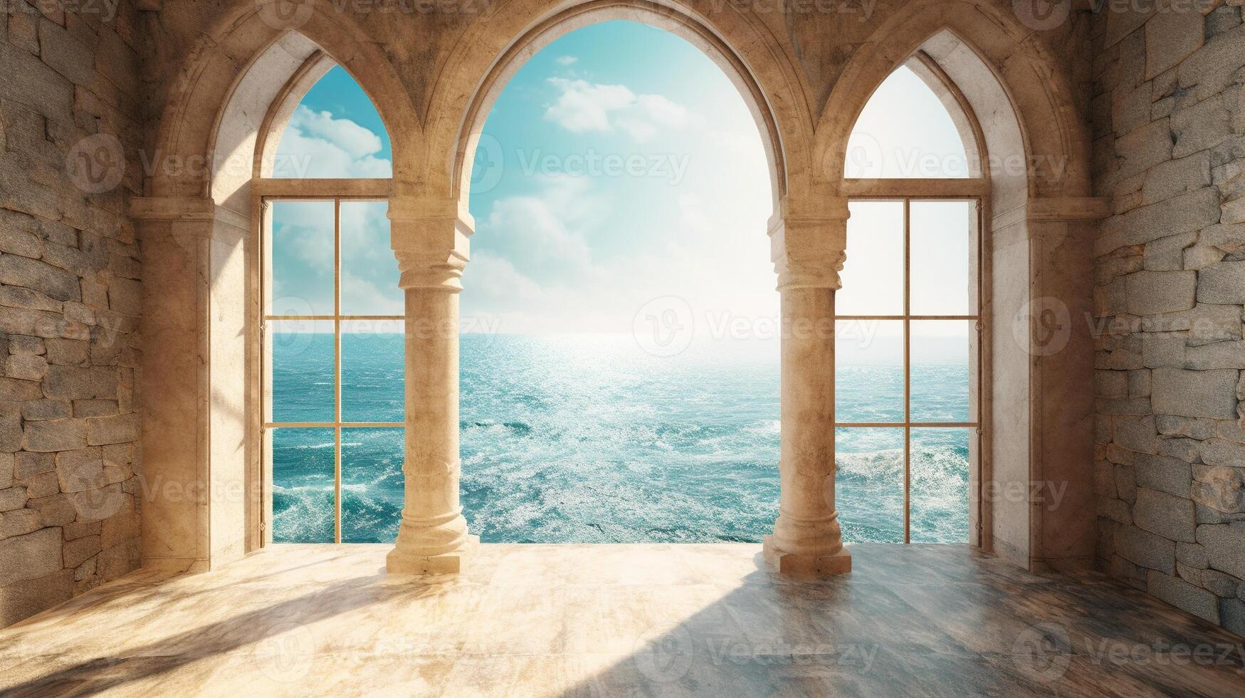 , historic medieval stone arch windows with romantic view of sea or ocean, summer landscape background. photo