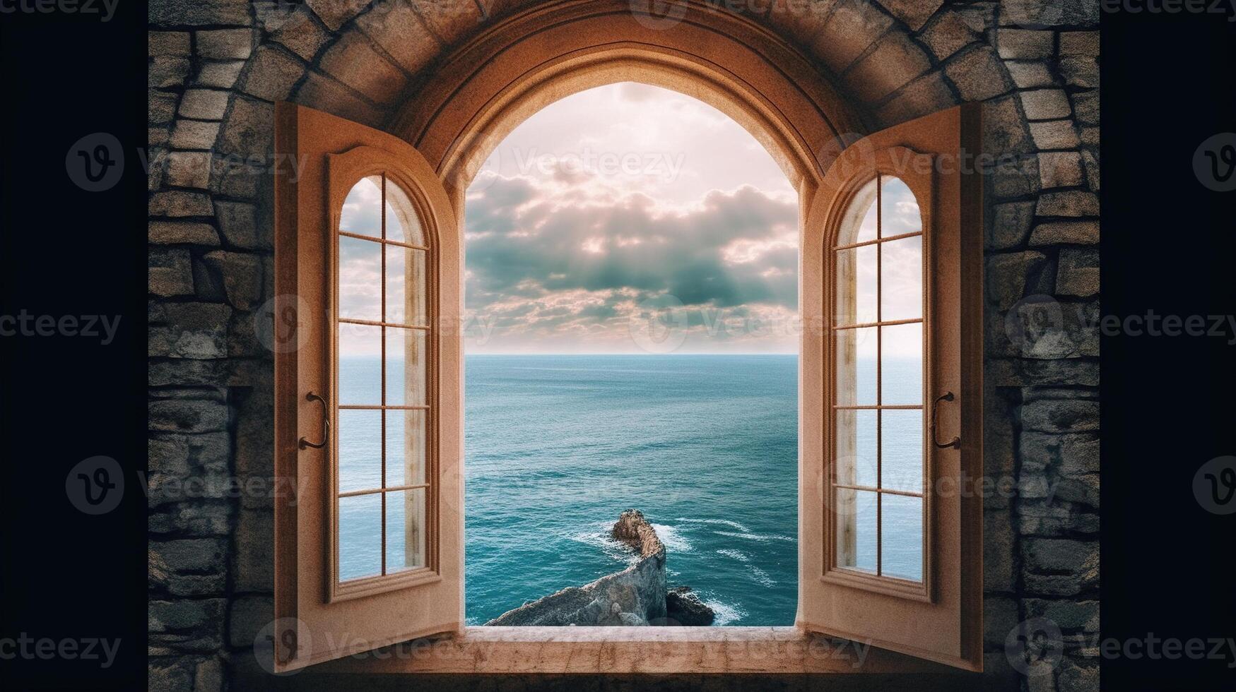 , historic medieval stone arch windows with romantic view of sea or ocean, summer landscape background. photo