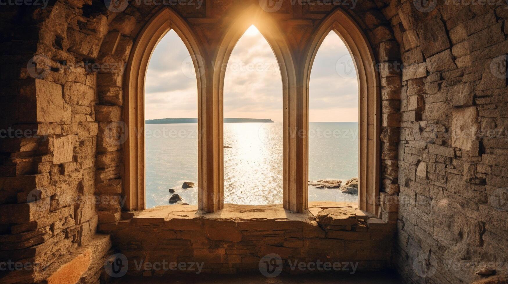 , historic medieval stone arch windows with romantic view of sea or ocean, summer landscape background. photo