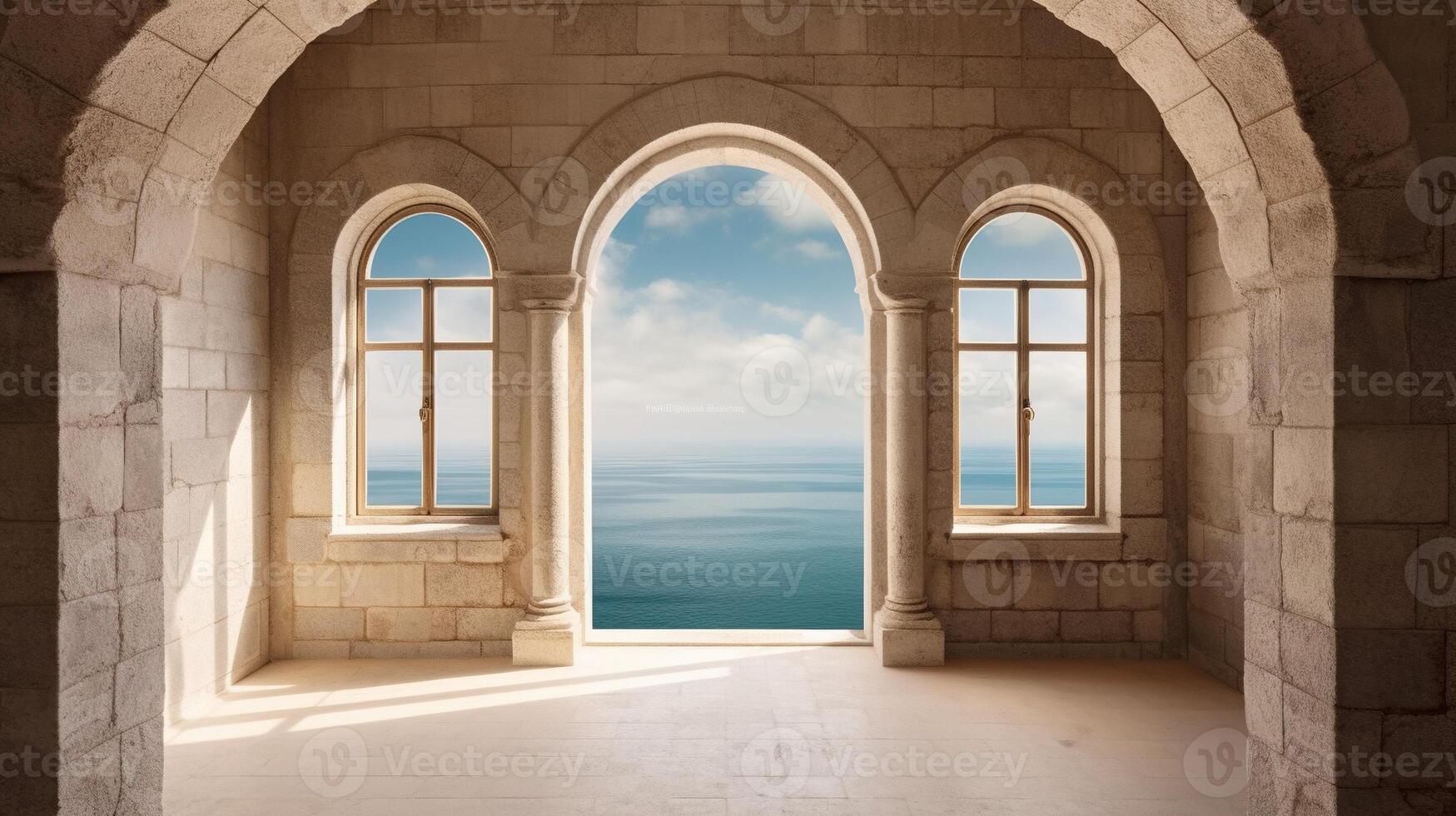 , historic medieval stone arch windows with romantic view of sea or ocean, summer landscape background. photo