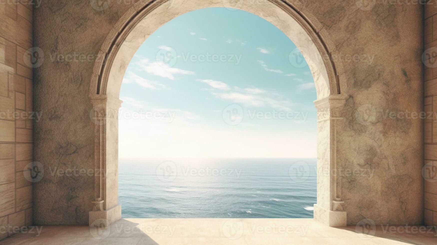 Generative AI, historic medieval stone arch windows with romantic view of sea or ocean, summer landscape background. photo