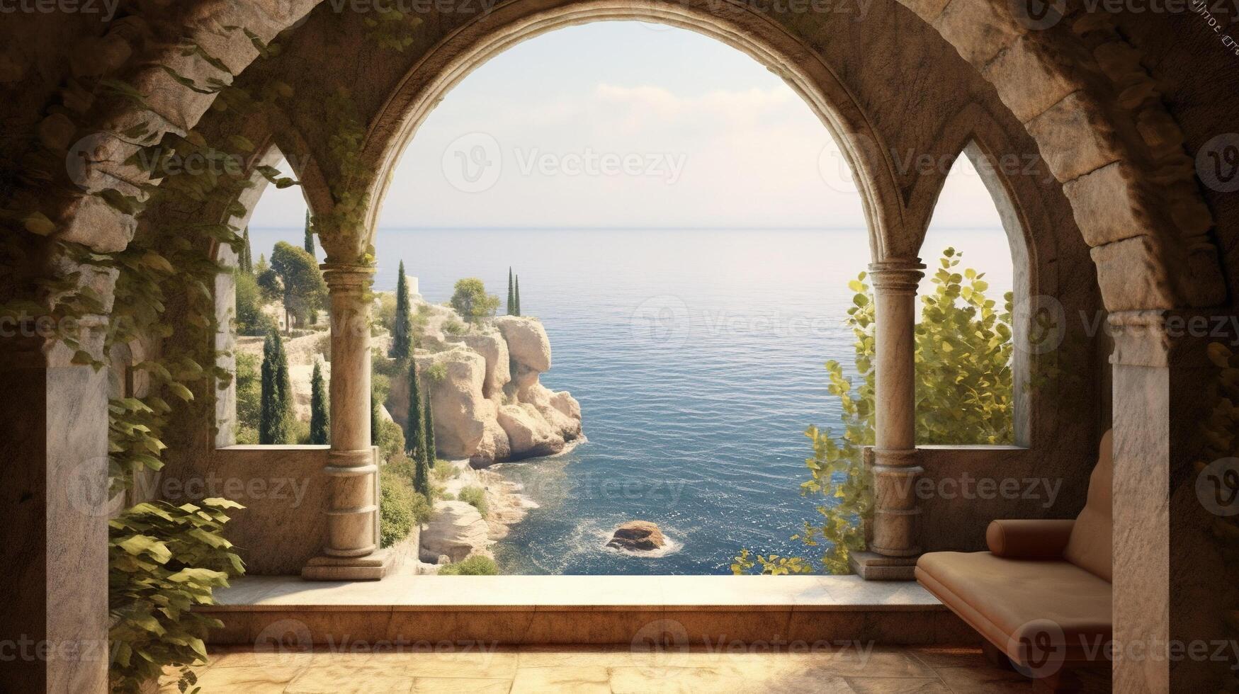 , historic medieval stone arch windows with romantic view of sea or ocean, summer landscape background. photo