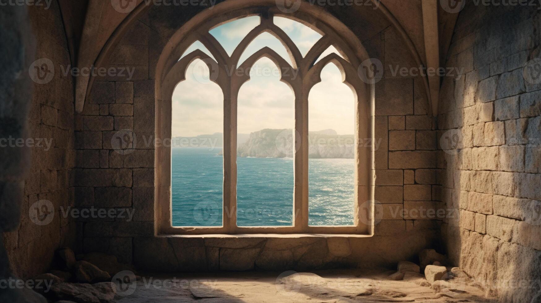 , historic medieval stone arch windows with romantic view of sea or ocean, summer landscape background. photo