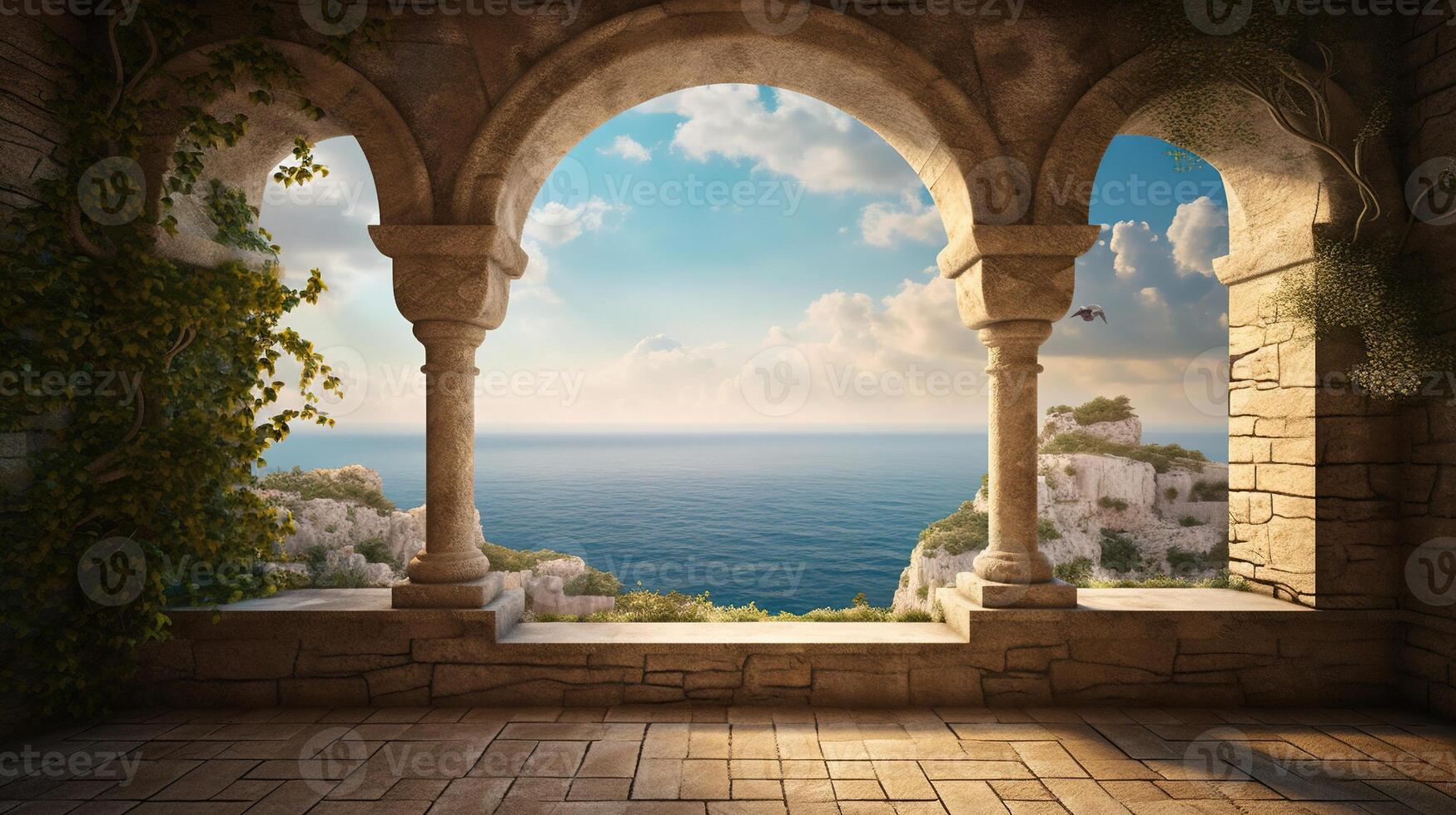 , historic medieval stone arch windows with romantic view of sea or ocean, summer landscape background. photo