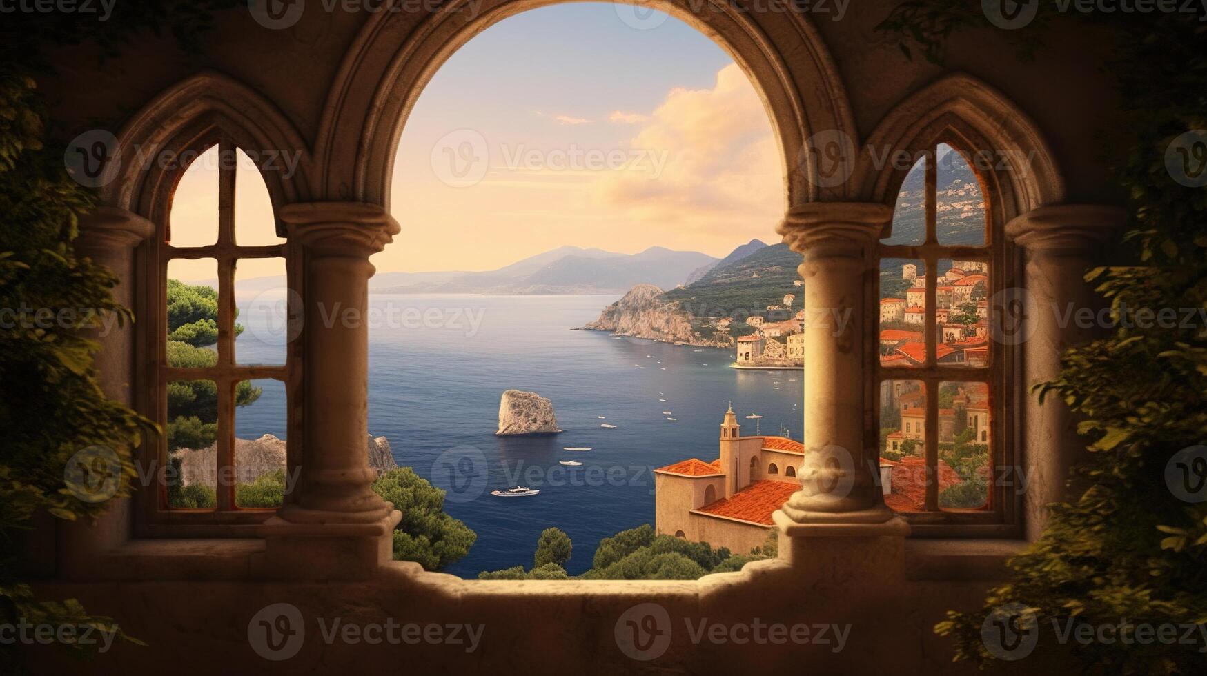 , historic medieval stone arch windows with romantic view of sea or ocean, summer landscape background. photo
