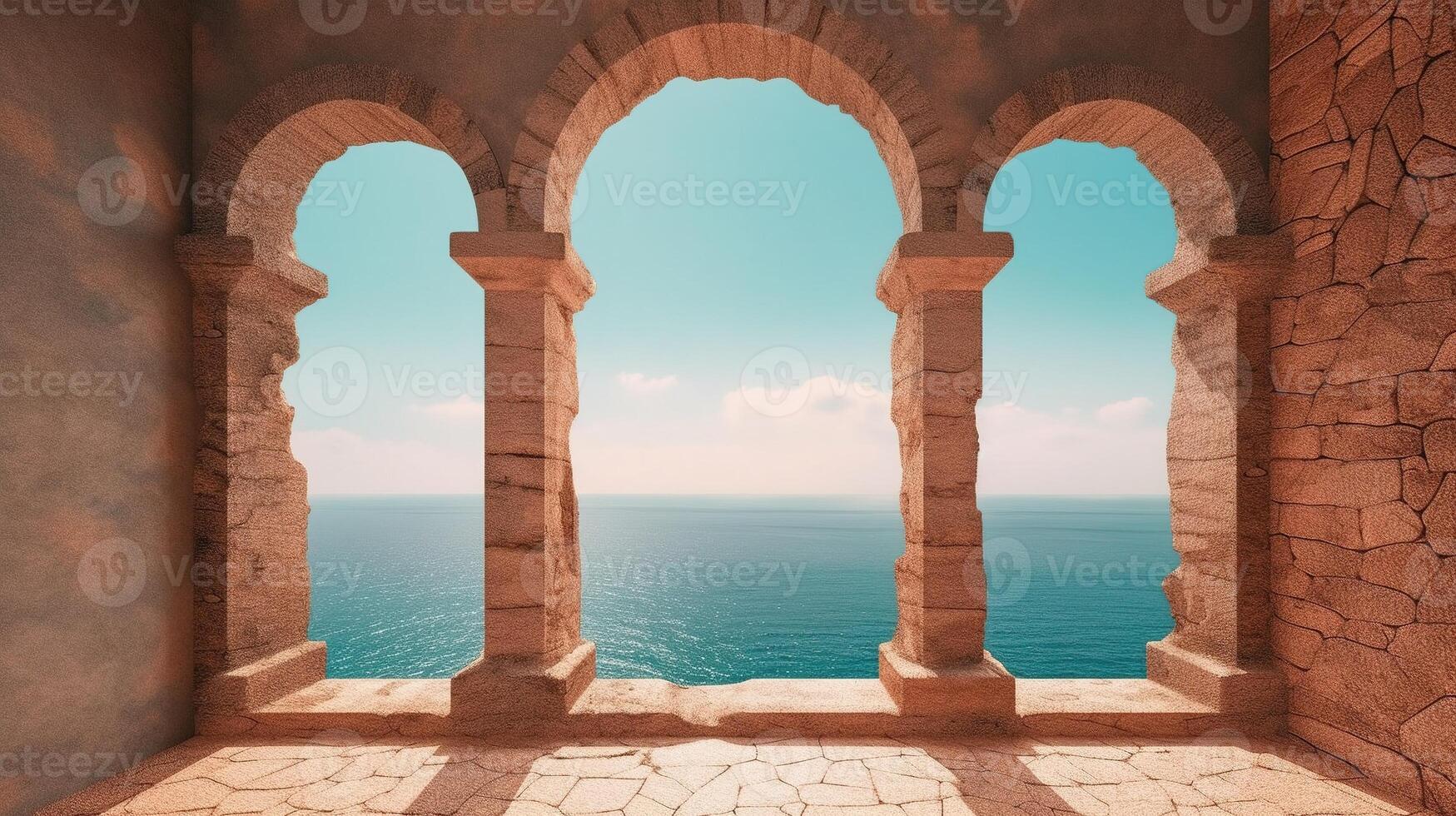 , historic medieval stone arch windows with romantic view of sea or ocean, summer landscape background. photo