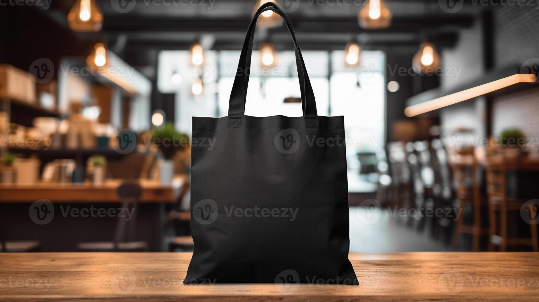 , Realistic black tote canvas fabric bag set-up in at cafe, coffee shop interior, mock up blank. photo