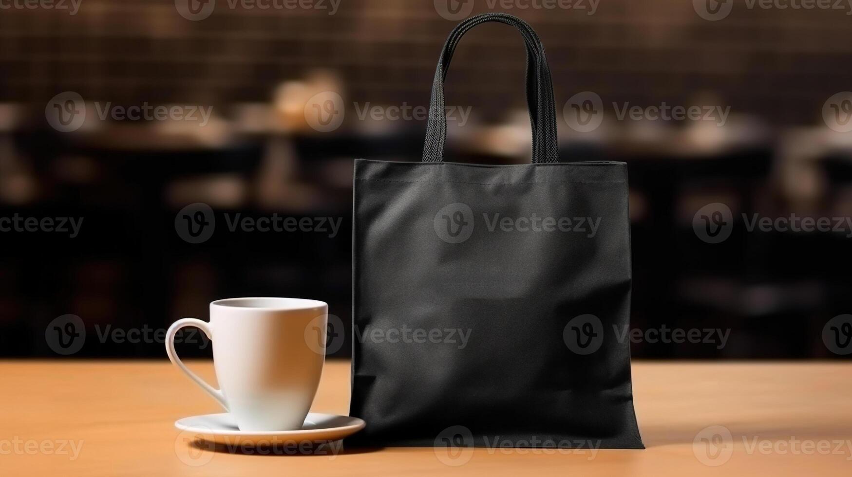 , Realistic black tote canvas fabric bag set-up in at cafe, coffee shop interior, mock up blank. photo