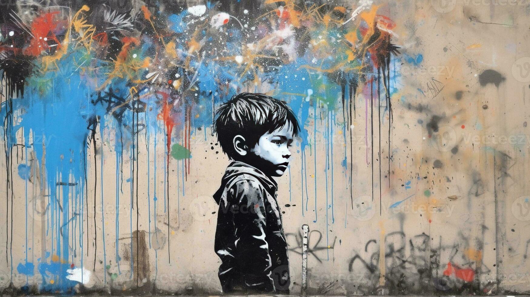 Generative AI, Ink black street graffiti art with kid on a textured paper vintage background, inspired by Banksy. photo