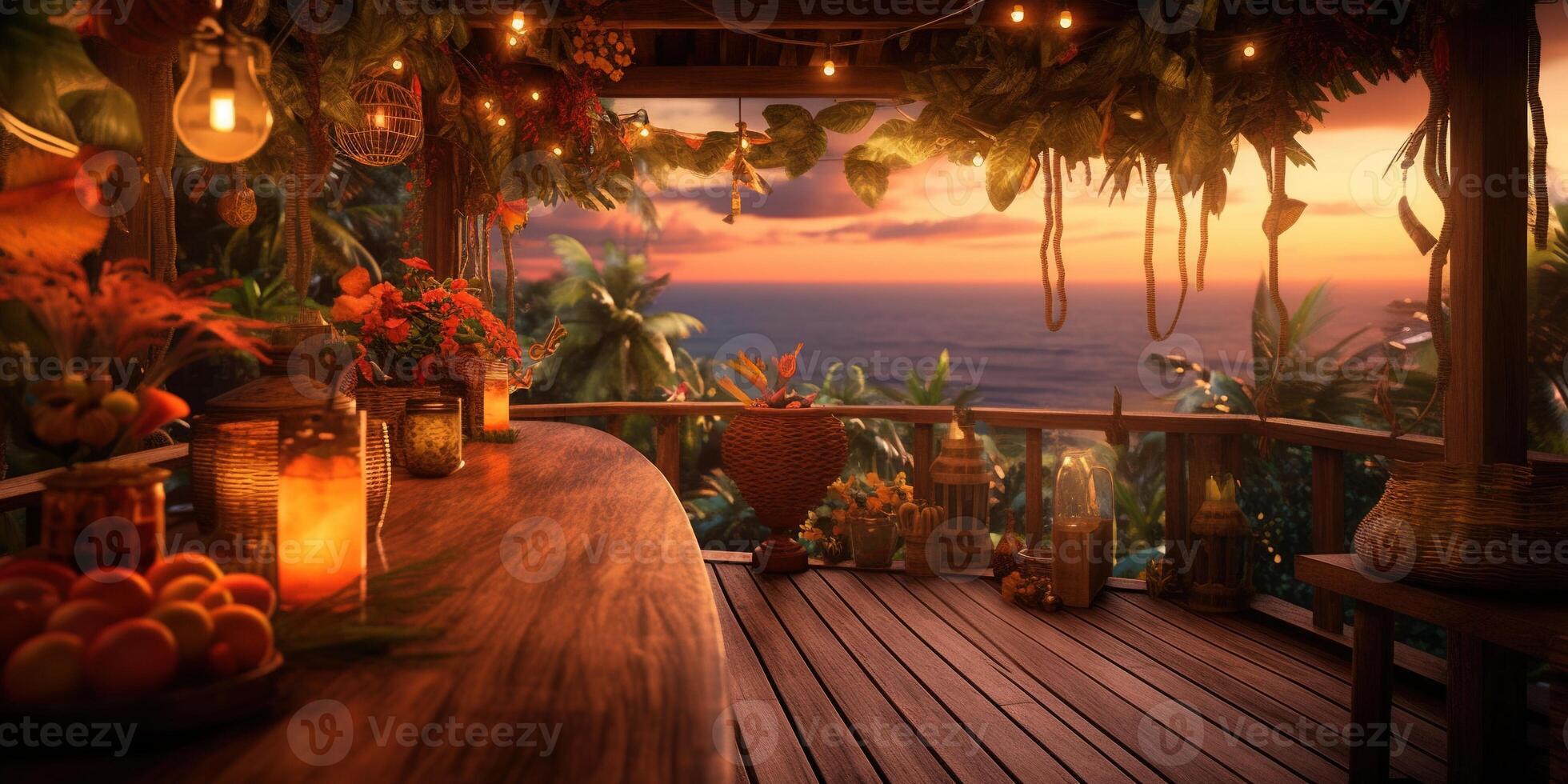 , Tropical summer sunset beach bar background. Outdoor restaurant, Led light candles and wooden tables, chairs under beautiful sunset sky, sea view. photo