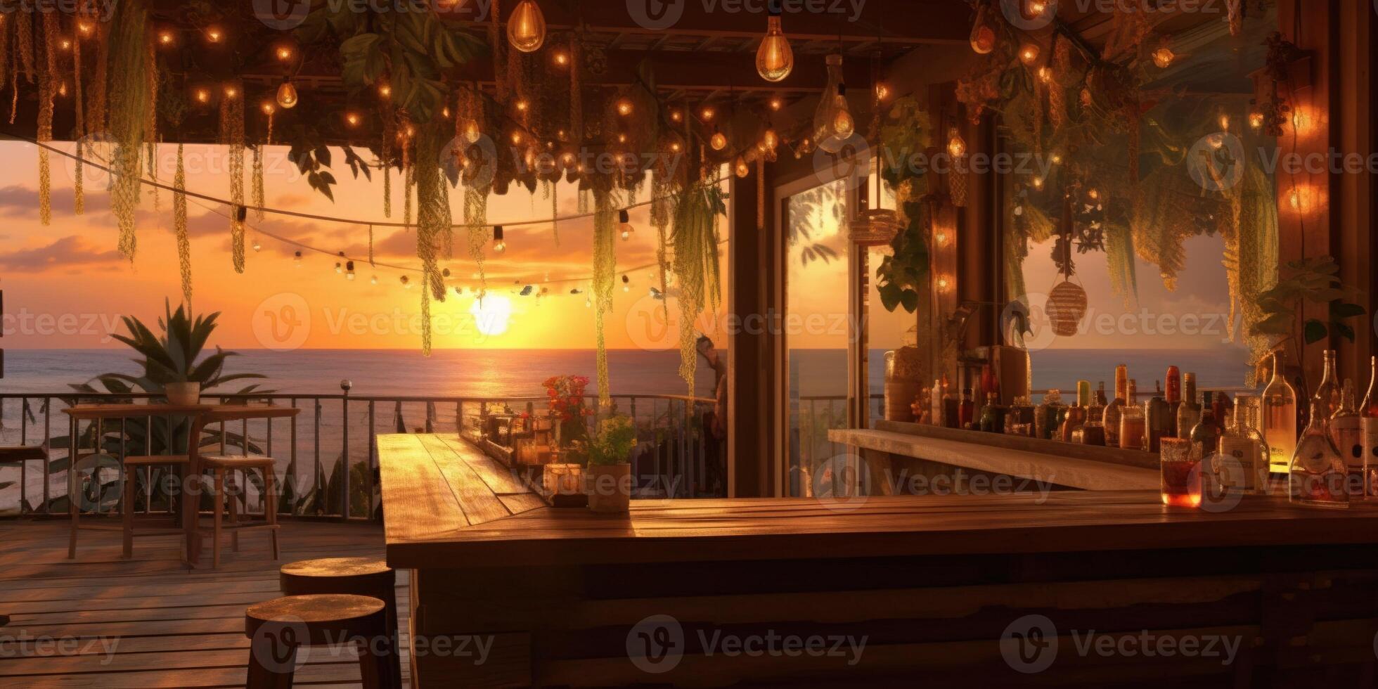, Tropical summer sunset beach bar background. Outdoor restaurant, Led light candles and wooden tables, chairs under beautiful sunset sky, sea view. photo