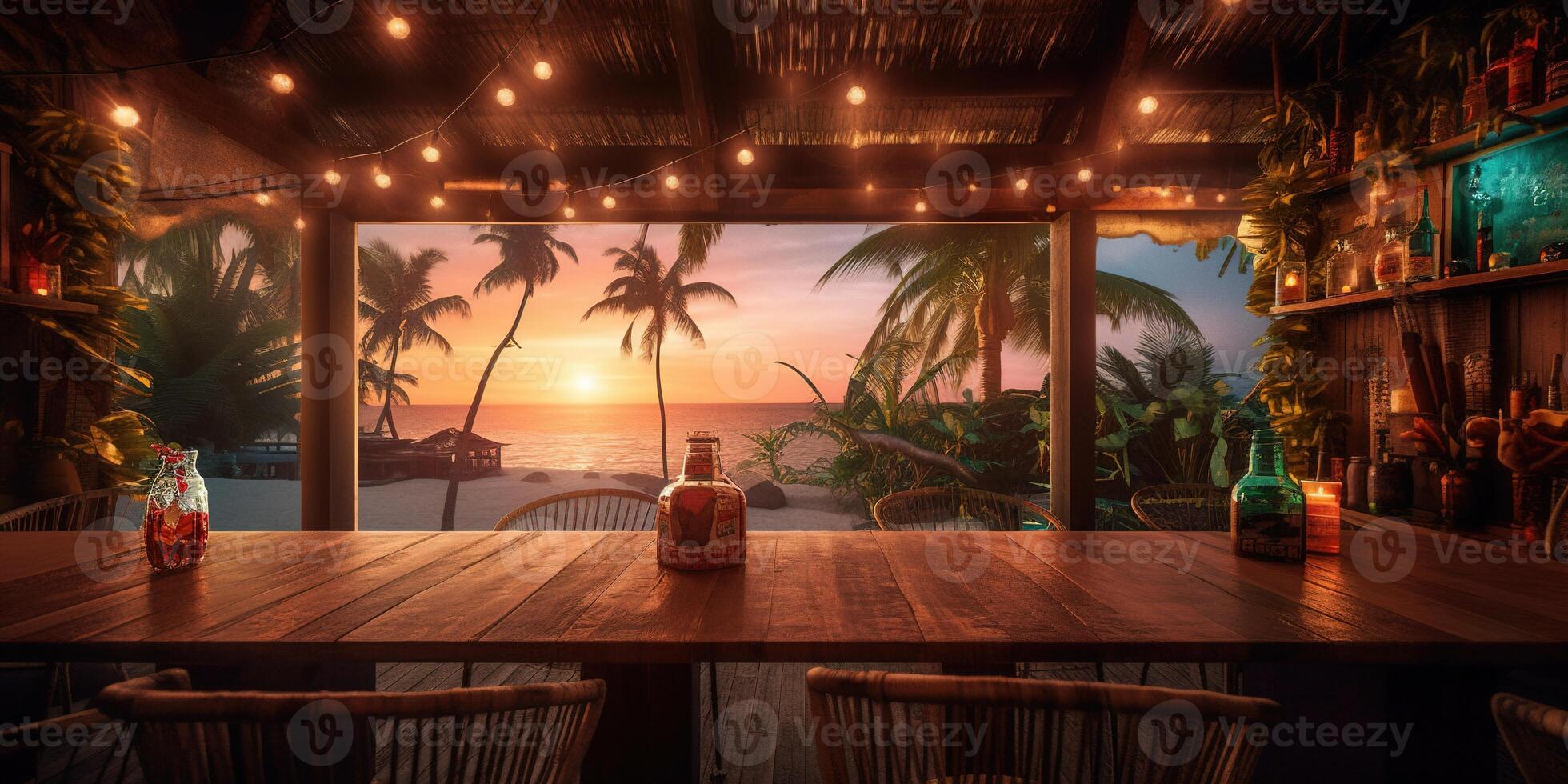 , Tropical summer sunset beach bar background. Outdoor restaurant, Led