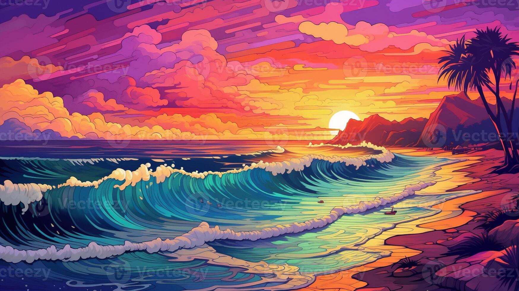 Generative AI, tropical beach in the sunset linear illustration, psychedelic manga style, highly detailed. Anime colorful style photo