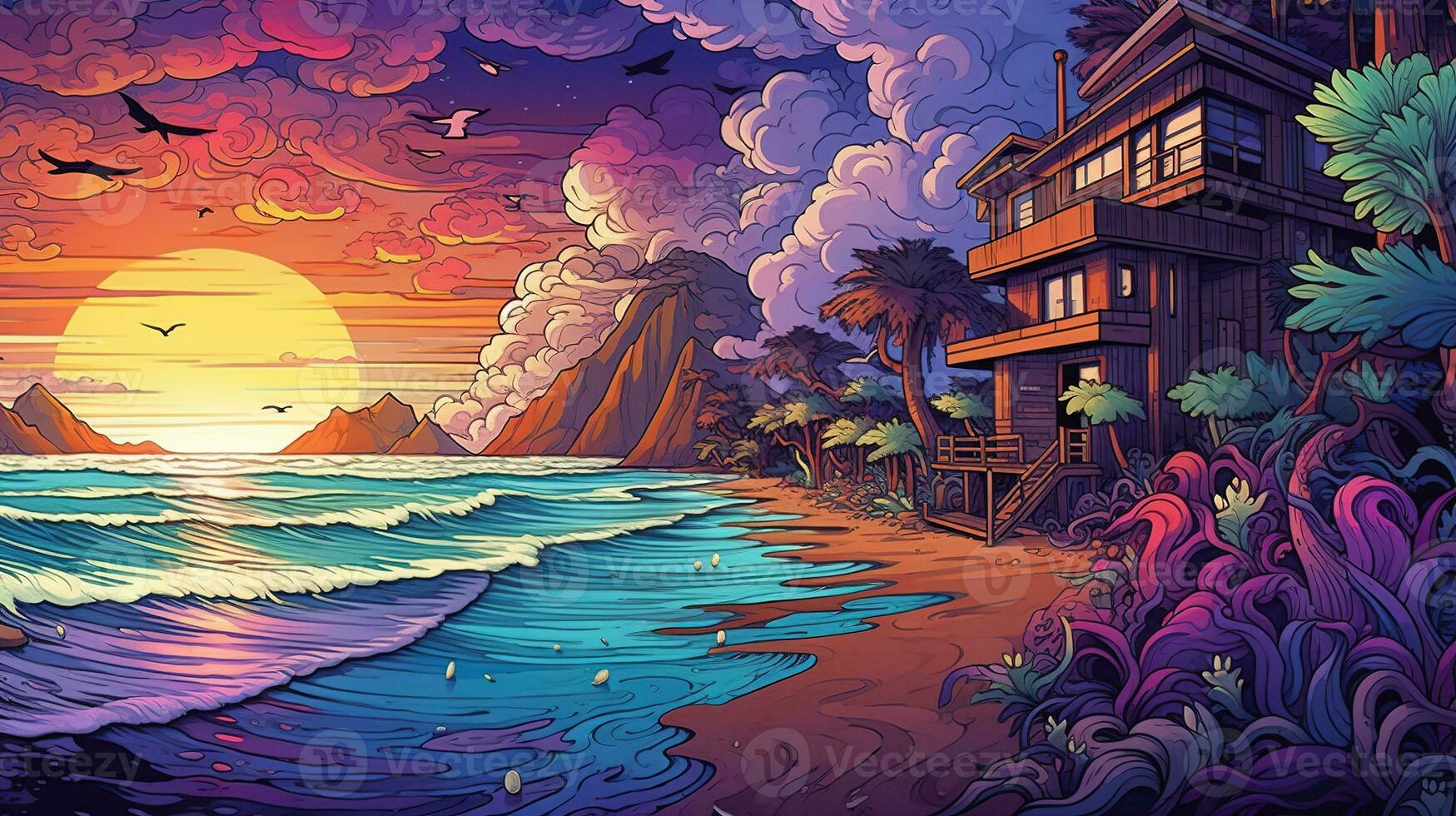 Generative AI, tropical beach in the sunset linear illustration, psychedelic manga style, highly detailed. Anime colorful style photo