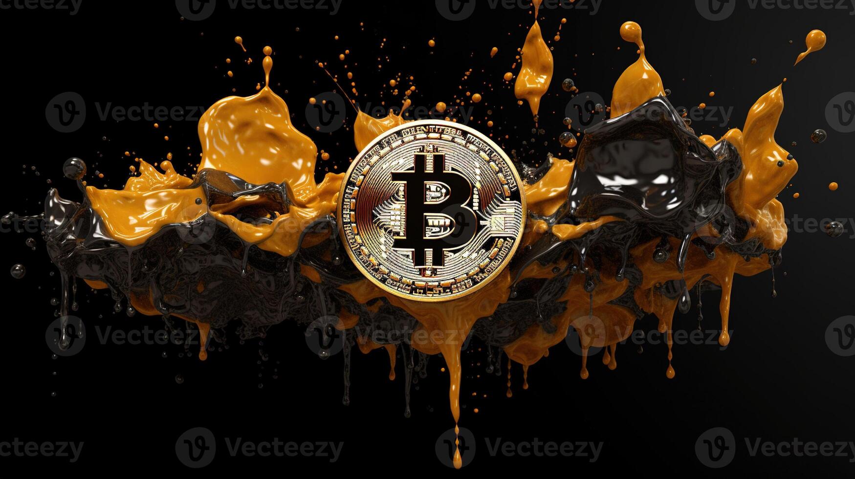 , Bitcoin with golden yellow and black liquid, Digital Cryptocurrency coin. Mining or blockchain technology photo