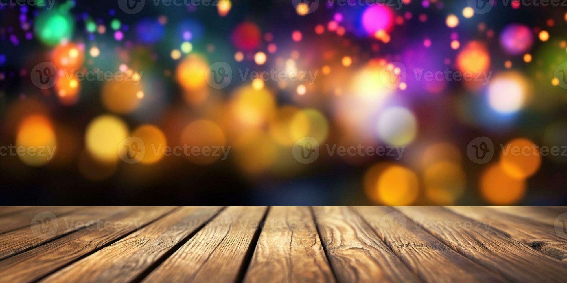 Generative AI, Empty wooden table top with blurred lights bokeh background. photo