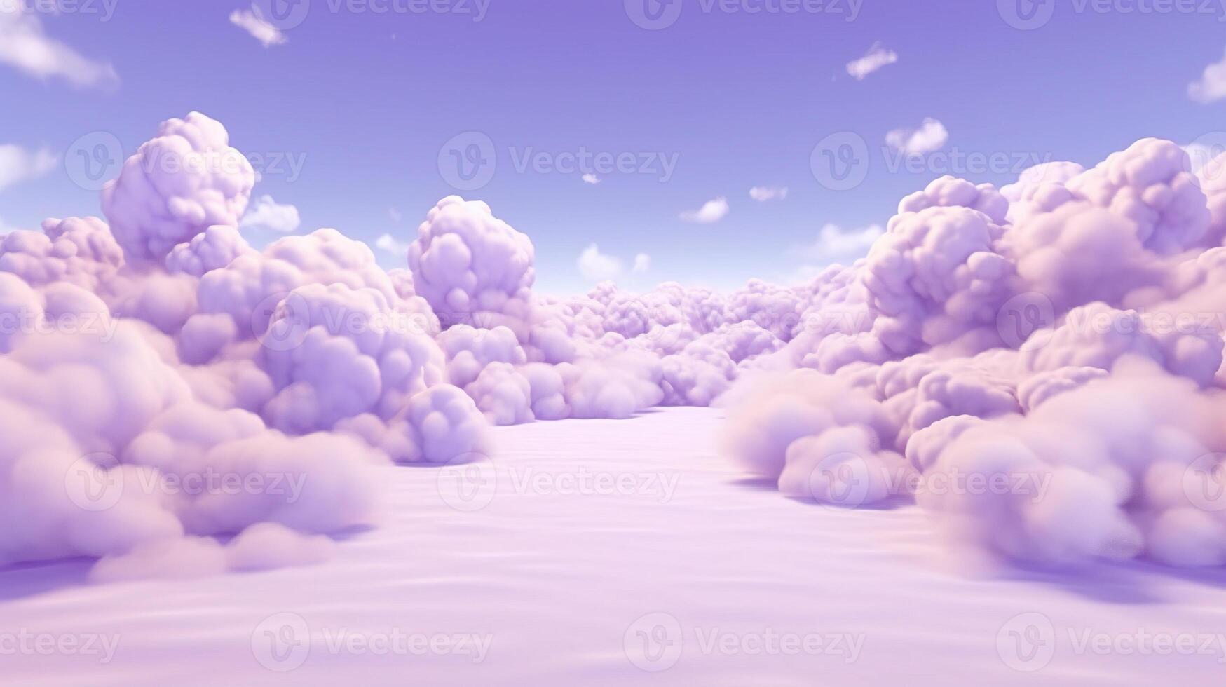 , Purple, digital lavender color fantastic 3d clouds on the floor, sky and landscape. Gentle colors and with bright lights. photo