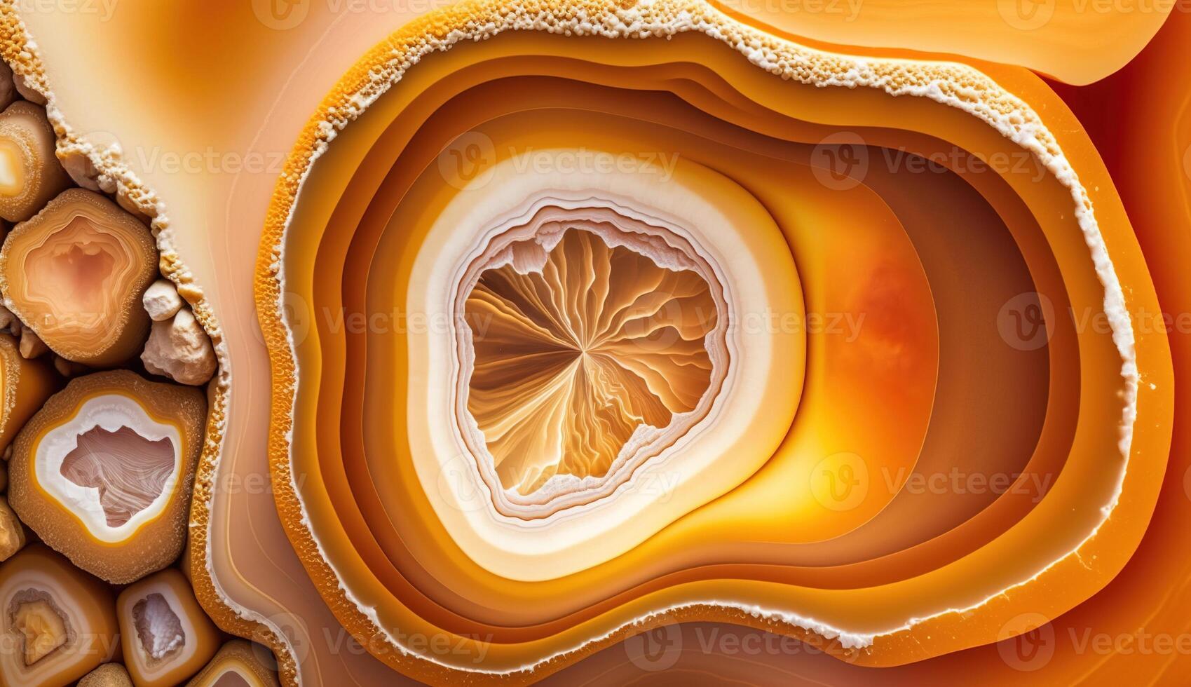 , natural volcanic agate stones close-up light orange, apricot crush and golden texture. Wallpaper background, quartz marble, decorative rock pattern. photo