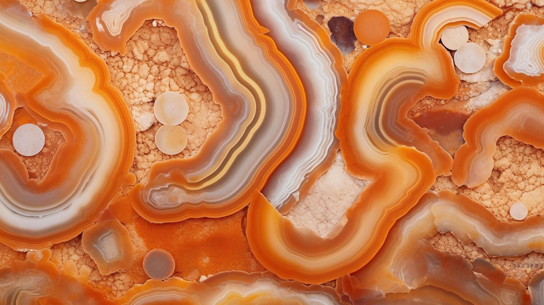 , natural volcanic agate stones close-up light orange, apricot crush and golden texture. Wallpaper background, quartz marble, decorative rock pattern. photo