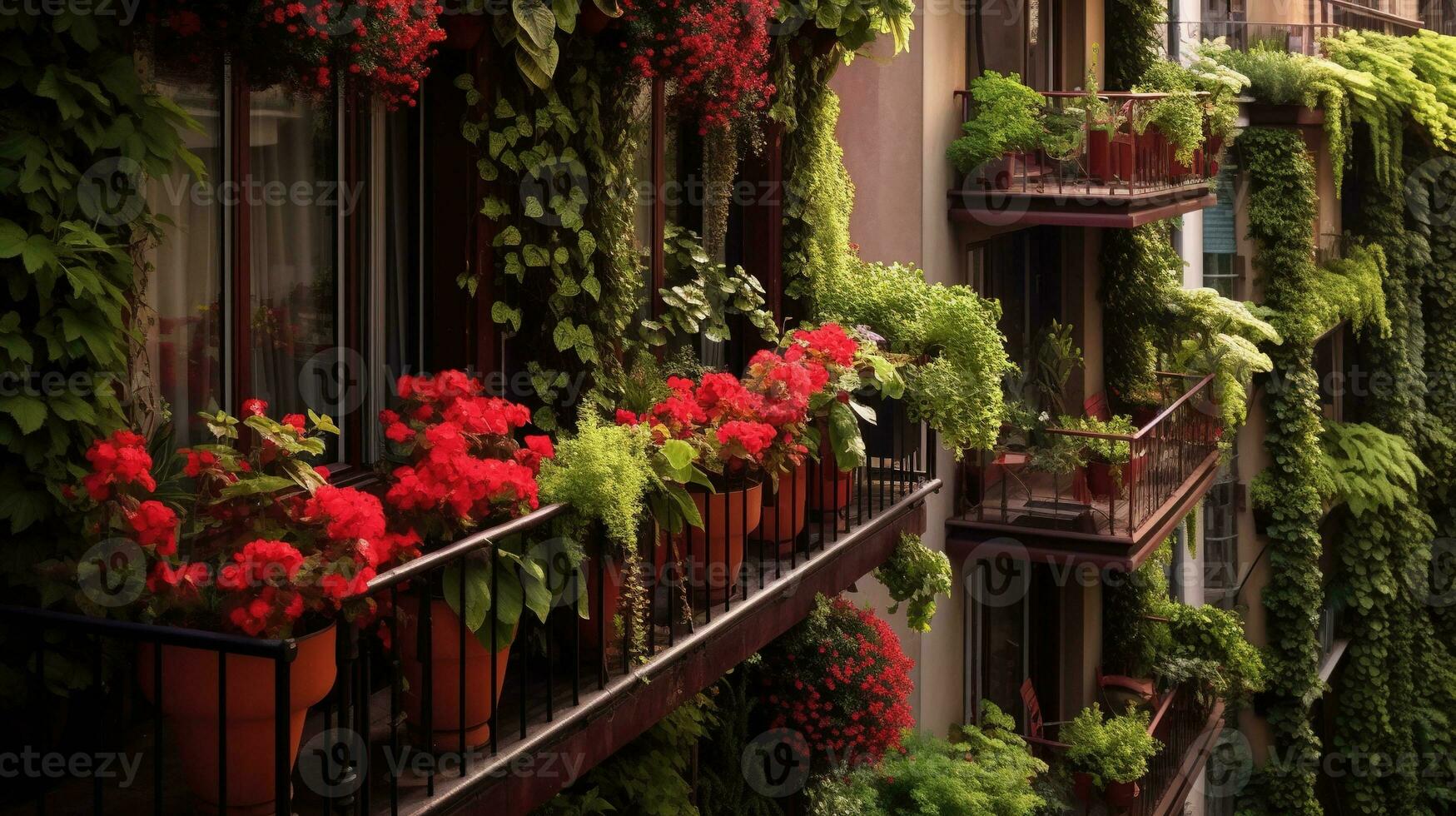 Generative AI, beautiful balcony surrounded by a tropical style garden, blooming flowers and green plants photo