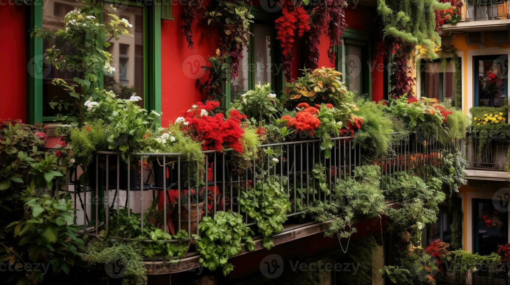 Generative AI, beautiful balcony surrounded by a tropical style garden, blooming flowers and green plants photo