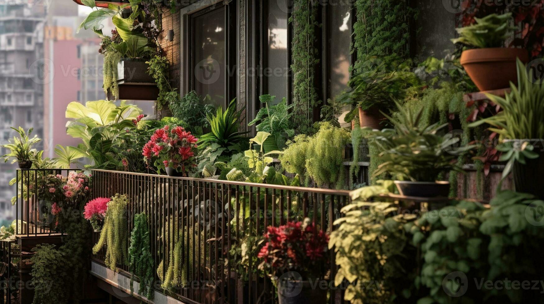 Generative AI, beautiful balcony surrounded by a tropical style garden, blooming flowers and green plants photo