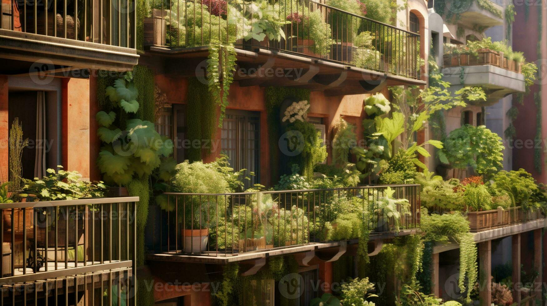 generativo ai, hermosa balcón rodeado por un tropical estilo jardín, floreciente flores y verde plantas foto