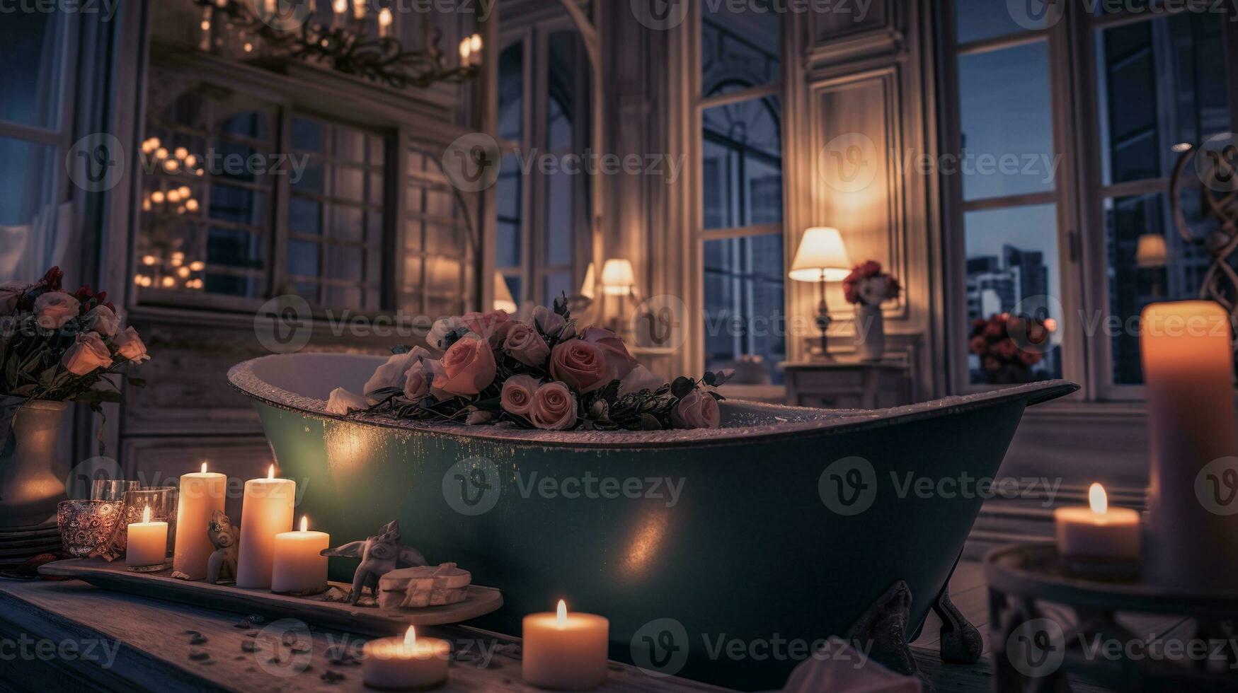 Generative AI, Interior of modern bathroom with burning candles in evening. Romantic atmosphere, spa and relax concept photo