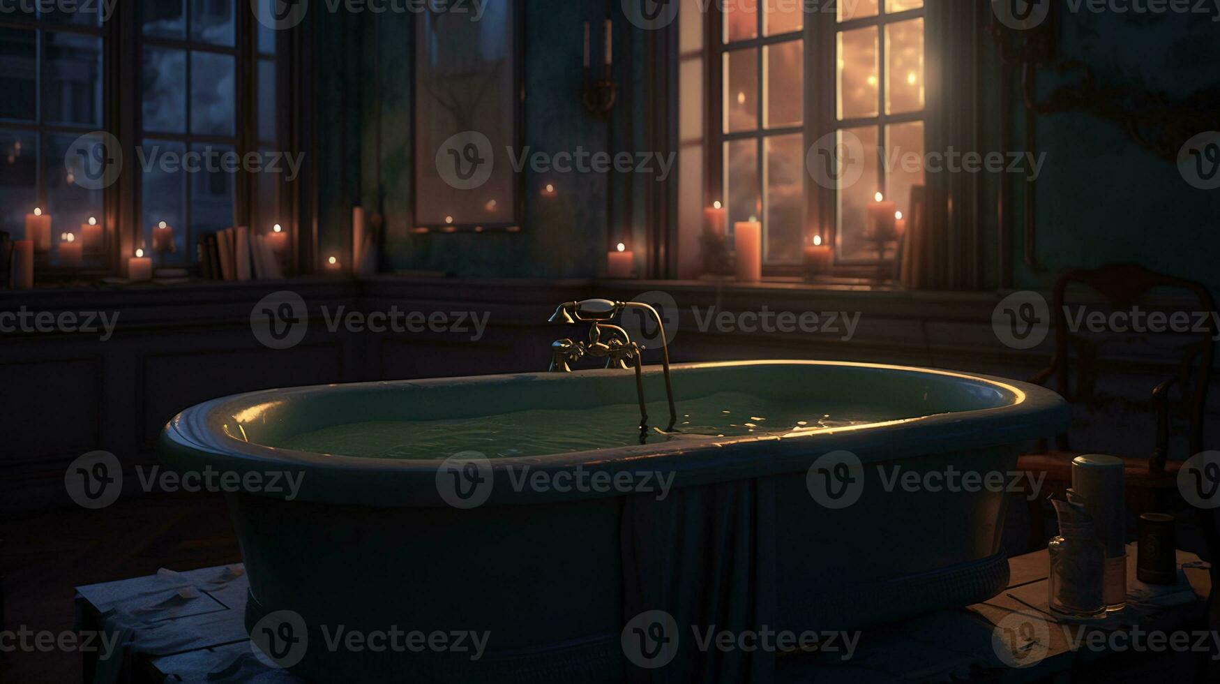 Generative AI, Interior of modern bathroom with burning candles in evening. Romantic atmosphere, spa and relax concept photo